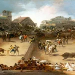 Bullfight in a Divided Ring by Francisco de Goya, a living room wall art print for refined interiors