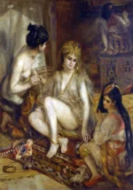 Parisiennes in Algerian Costume or Harem by Pierre-Auguste Renoir, a living room wall art print for refined interiors