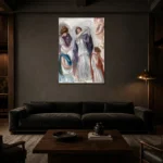 Pierre-Auguste Renoir Scène antique, femmes en péplum Living Room Wall Art Print shown in a warm modern interior