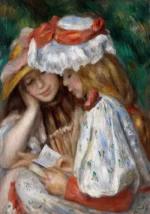 Two Girls Reading by Pierre-Auguste Renoir, a kids room wall art print for refined interiors
