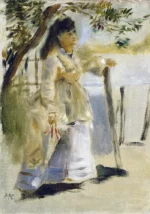 Woman by a Fence by Pierre-Auguste Renoir, a living room wall art print for refined interiors