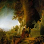 Christ and St Mary Magdalen at the Tomb by Rembrandt, a living room wall art print for refined interiors