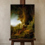 Rembrandt Christ and St Mary Magdalen at the Tomb Living Room Wall Art Print displayed on a studio easel