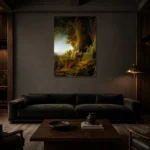 Rembrandt Christ and St Mary Magdalen at the Tomb Living Room Wall Art Print shown in a warm modern interior