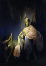 David Playing the Harp in front of Saul by Rembrandt, a living room wall art print for refined interiors