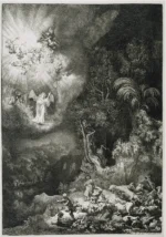 The Angel Appearing to the Shepherds by Rembrandt, a living room wall art print for refined interiors