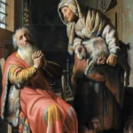 Tobit and Anna with the Kid by Rembrandt, a living room wall art print for refined interiors