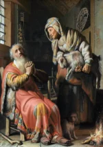 Tobit and Anna with the Kid by Rembrandt, a living room wall art print for refined interiors