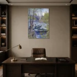 Vincent van Gogh Fishing in Spring, the Pont de Clichy (Asnières) Living Room Wall Art Print displayed in a contemporary gallery-inspired room