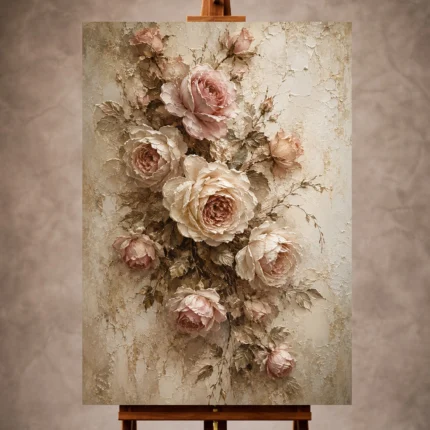 Antique rose and ivory Rose Wall Art print for elegant interiors. No text or watermarks in design.