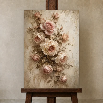 Antique Rose & Ivory Rose Wall Art Canvas Print shown in Studio Easel