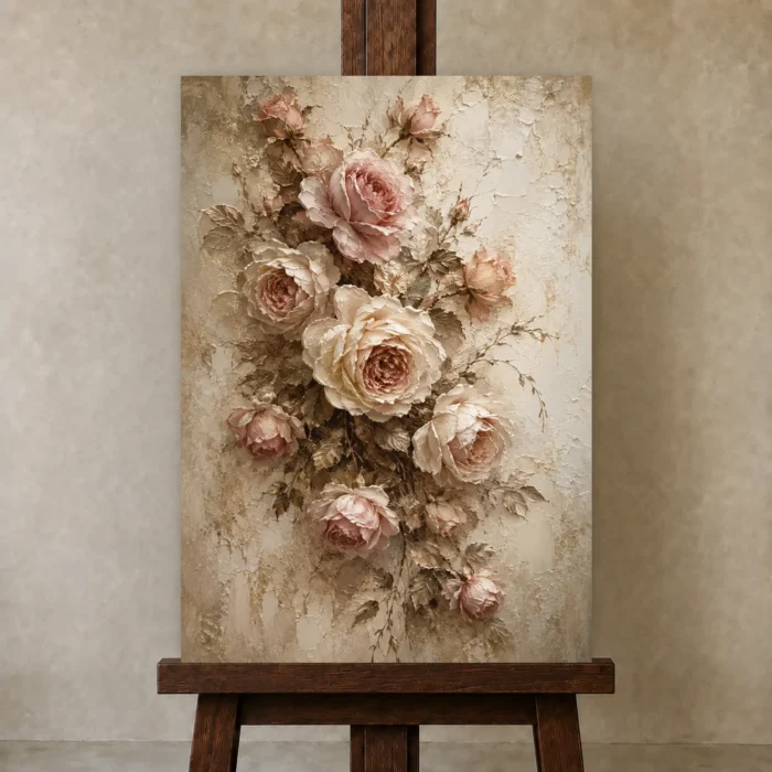 Antique Rose & Ivory Rose Wall Art Canvas Print displayed on a studio easel