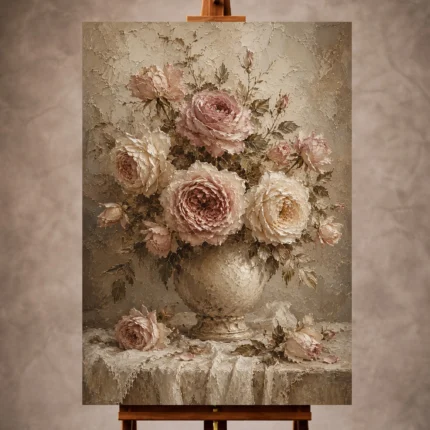 Antique rose still life Rose Wall Art print for elegant interiors. No text or watermarks in design.