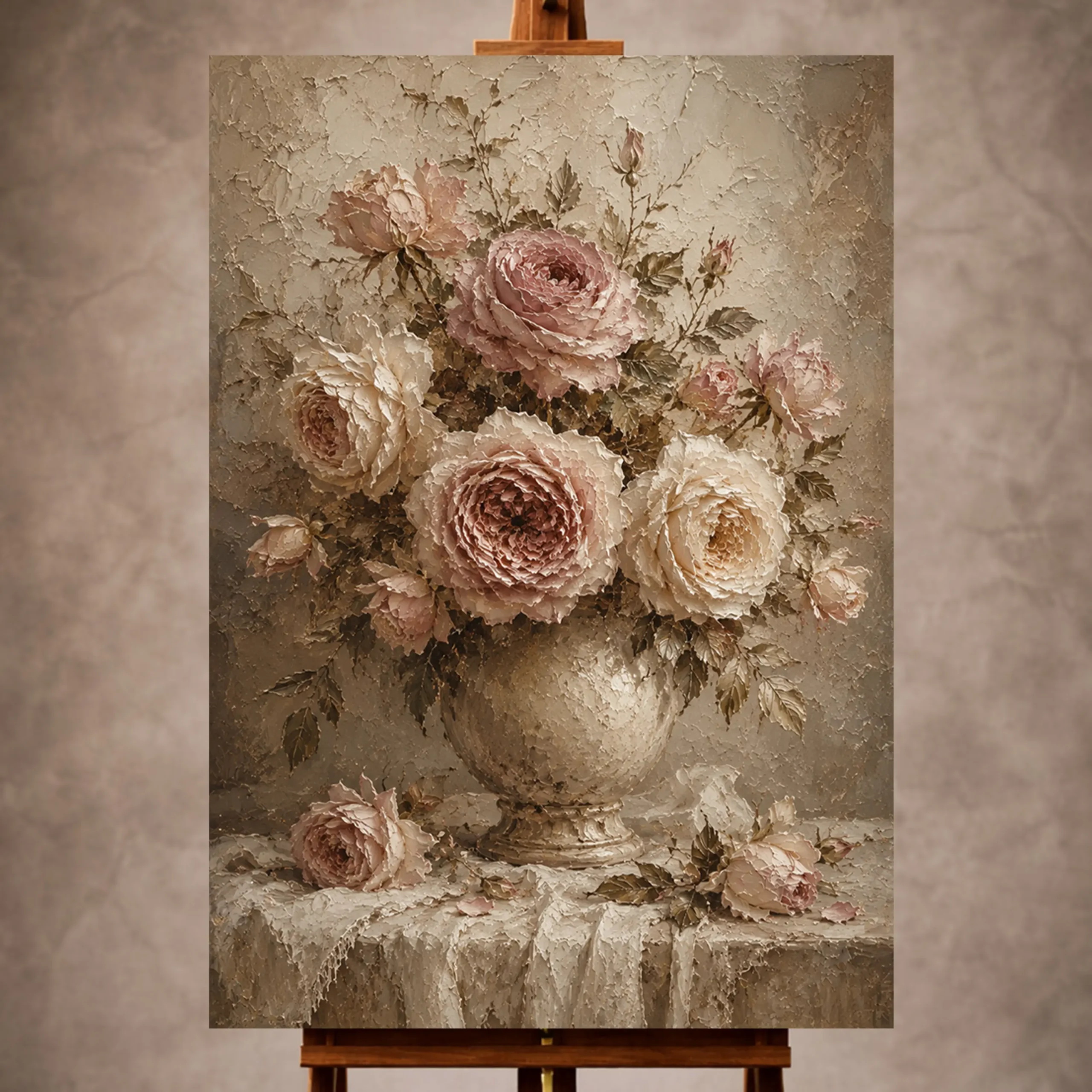 Premium Wall Art Dikey Html Edition – FLOWERWA007 Image 1 Antique rose still life Rose Wall Art print for elegant interiors. No text or watermarks in design.