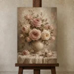 Antique Rose Still Life Rose Wall Art Canvas Print displayed on a studio easel