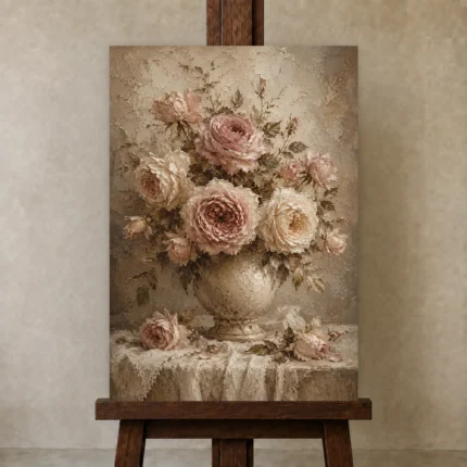 Antique Rose Still Life Rose Wall Art Canvas Print shown in Studio Easel