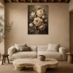 Ivory & Taupe Rose Wall Art Canvas Print presented in a sophisticated home setting