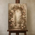 Antique Rose & Sage Rose Arch Wall Art Canvas Print displayed on a studio easel