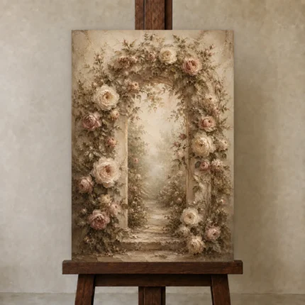 Antique Rose & Sage Rose Arch Wall Art Canvas Print shown in Studio Easel