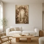 Antique Rose & Sage Rose Arch Wall Art Canvas Print styled in a refined neutral interior