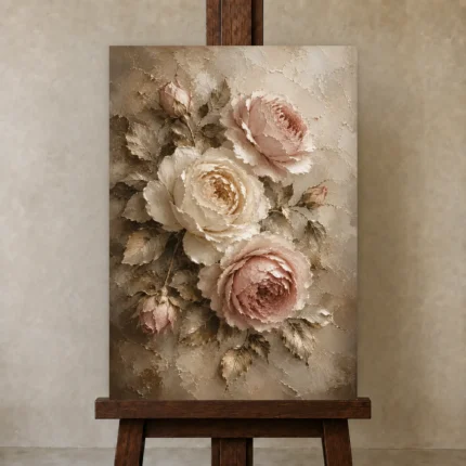 Antique Rose & Pearl Close Study Rose Wall Art Canvas Print shown in Studio Easel