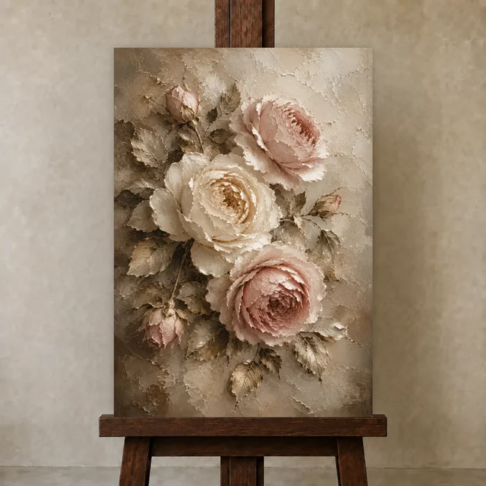 Antique Rose & Pearl Close Study Rose Wall Art Canvas Print displayed on a studio easel