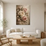 Antique Rose & Pearl Close Study Rose Wall Art Canvas Print styled in a refined neutral interior