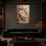 Antique Rose & Pearl Close Study Rose Wall Art Canvas Print shown in a warm modern interior