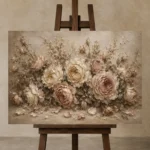 Antique Rose & Mushroom Beige Rose Wall Art Canvas Print displayed on a studio easel