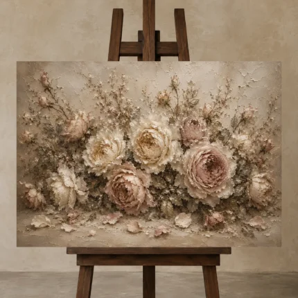 Antique Rose & Mushroom Beige Rose Wall Art Canvas Print shown in Studio Easel