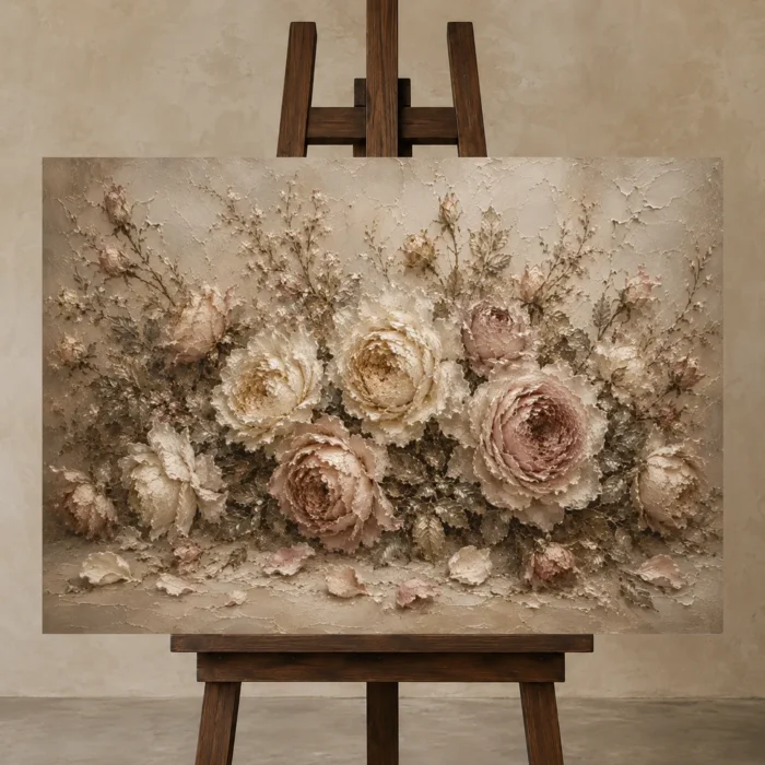 Antique Rose & Mushroom Beige Rose Wall Art Canvas Print displayed on a studio easel