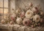 Antique Rose & Gray Beige Window Rose Wall Art Canvas Print