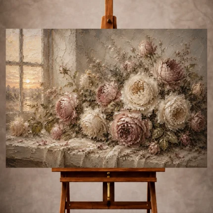 Antique rose and gray beige Rose Wall Art print for elegant interiors. No text or watermarks in design.