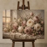 Antique Rose & Gray Beige Window Rose Wall Art Canvas Print displayed on a studio easel