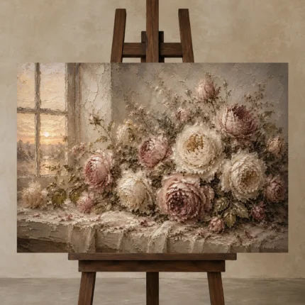Antique Rose & Gray Beige Window Rose Wall Art Canvas Print shown in Studio Easel
