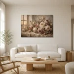 Antique Rose & Gray Beige Window Rose Wall Art Canvas Print styled in a refined neutral interior