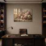 Antique Rose & Gray Beige Window Rose Wall Art Canvas Print displayed in a contemporary gallery-inspired room