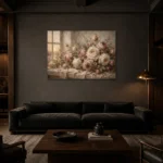 Antique Rose & Gray Beige Window Rose Wall Art Canvas Print shown in a warm modern interior