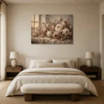 Antique Rose & Gray Beige Window Rose Wall Art Canvas Print showcased in an elegant minimalist interior