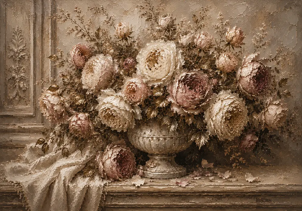 Antique Rose & Stone Urn Rose Wall Art Canvas Print