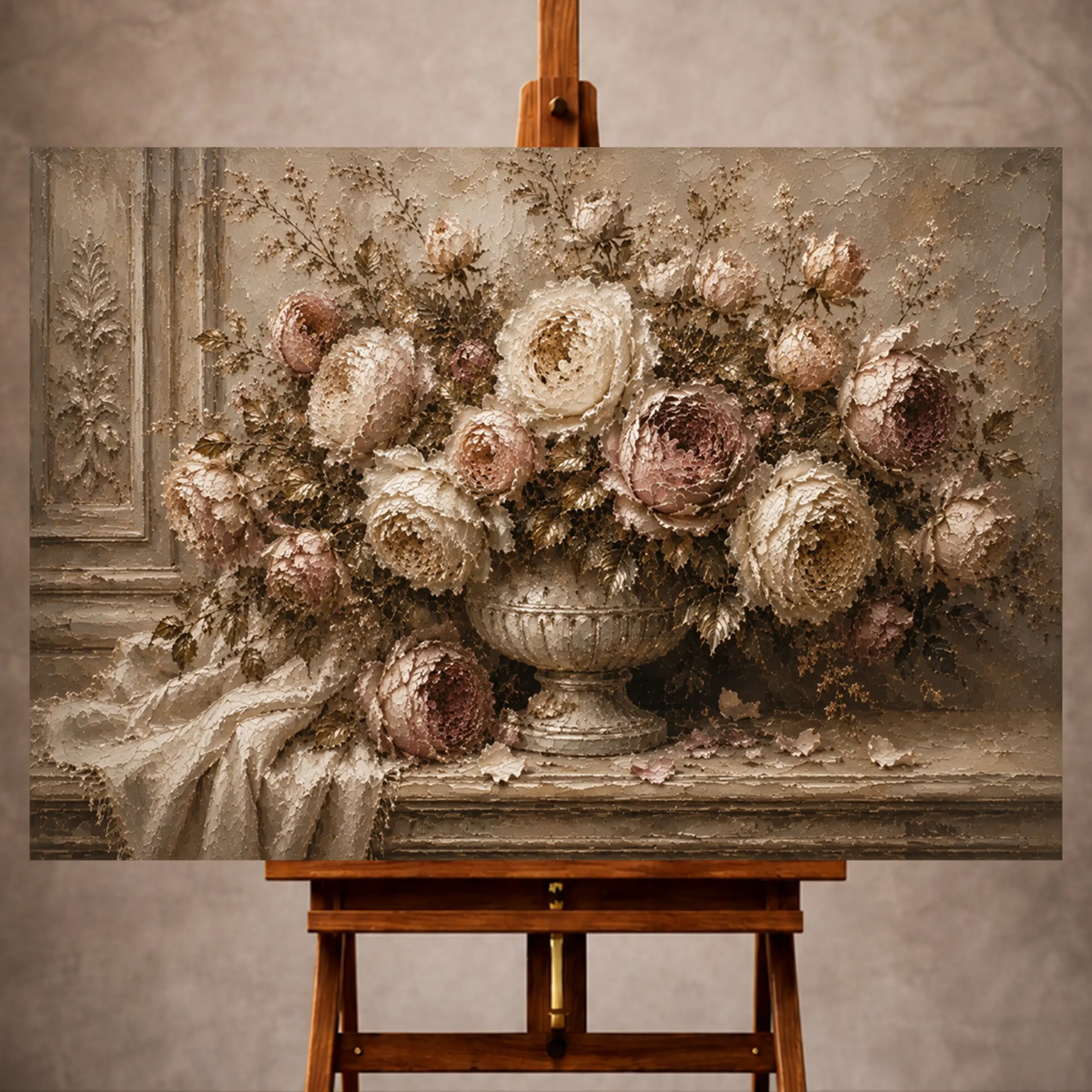 Premium Wall Art Yatay Html Edition – FLOWERWA013 Image 1 Antique rose and stone urn Rose Wall Art print for elegant interiors. No text or watermarks in design.