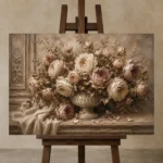 Antique Rose & Stone Urn Rose Wall Art Canvas Print displayed on a studio easel