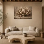 Antique Rose & Stone Urn Rose Wall Art Canvas Print presented in a sophisticated home setting