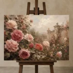 Antique Rose Walled Garden Rose Wall Art Canvas Print displayed on a studio easel