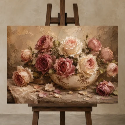 Antique Rose & Caramel Editorial Rose Wall Art Canvas Print shown in Studio Easel