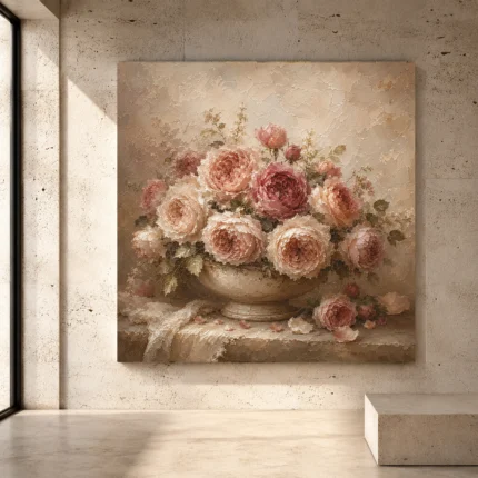 Antique rose and parchment Rose Wall Art print for elegant interiors. No text or watermarks in design.