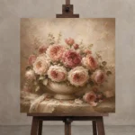 Antique Rose Stone Bowl Rose Wall Art Canvas Print displayed on a studio easel