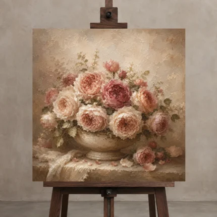 Antique Rose Stone Bowl Rose Wall Art Canvas Print shown in Studio Easel