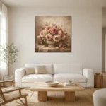Antique Rose Stone Bowl Rose Wall Art Canvas Print styled in a refined neutral interior