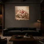 Antique Rose Stone Bowl Rose Wall Art Canvas Print shown in a warm modern interior